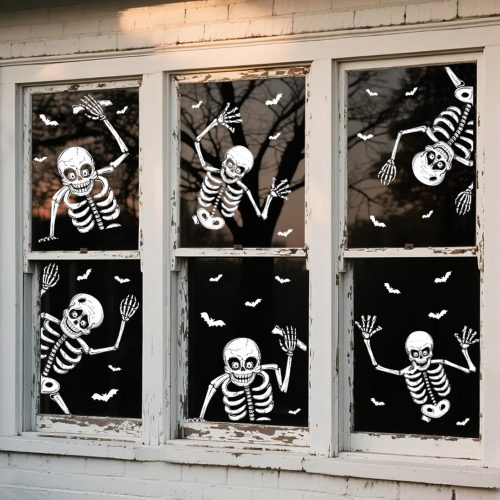 74pcs Giant Halloween Window Clings Decorations, 8 Sheets 6 Skeleton Window Stickers, Scary White Skull Window Silhouettes Decal for Indoor Bathroom Glass Door Decor Home Haunted House Party Supplies