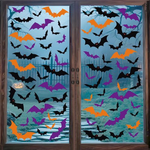 Halloween Decorations Window Clings,6 Sheet Halloween Bats Window Stickers,Bats Silhouette Window Decals for Indoor School Home Office Party Decor [Orange,Purple,Black]