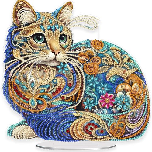 Eiflow Tabletop Diamond Art Painting Kit Cat, 9.4x9.6inch Stand Up Gem Painting Craft Kit for Adults, DIY Acrylic Special Diamonds Painting Desktop Placement Ornament Box Kit