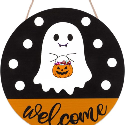 Halloween Decorations Door Hanging Sign,A Cute Ghost Halloween Wooden Wreaths Welcome Sign，Halloween Decoration for Front Door, Home, Wall, Party
