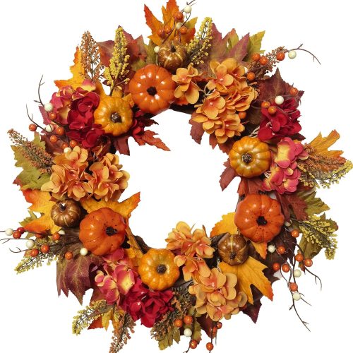 Artificial 20 Inch Autumn Front Door Wreath with Pumpkin Hydrangea Berry Maple Leaves - Fall Farmhouse Orange Wreath for Home Wall Window Harvest Festival Thanksgiving Indoor Outdoor