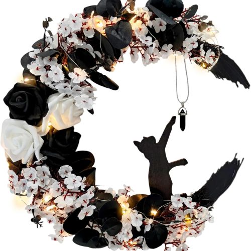 Halloween Wreaths For Front Door, Flower Moon Cat Halloween Home Decoration, Halloween Family Gathering Decoration Wreath，Outdoor, Wall, Closet, Fence, Wreath Halloween (Moon Cat - White13.7in×9.8in)