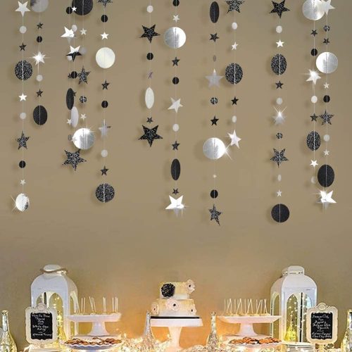 Cheerland Black Silver Star Gothic Party Decoration Full Moon Garlands Halloween Celestial Glitter Birthday Decoration New Year Eve Garland Moon Star Garland Black Ramadan EID Decor Party Supplies