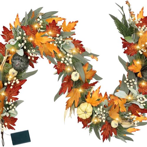 Realistic Fall Garland for Mantle 6 Ft Fall Maple Leaves Garlands with Lights/Timer Pumpkin Garland for Thanksgiving Outdoor Indoor Table Fireplace Autumn Decor Fall Decorations for Home Porch