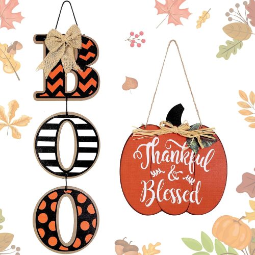 Jetec Halloween Decoration Boo Sign for Front Door Fall Decor Thanksgiving Wood Pumpkin Sign Autumn Welcome Door Harvest Hanging Wall Decoration