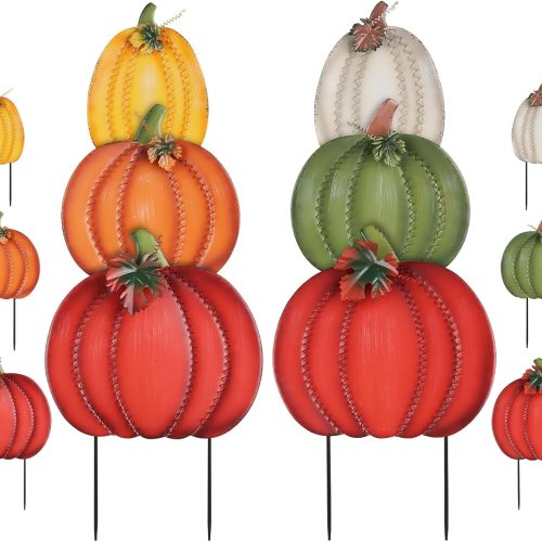PHITRIC Fall Decorations Outdoor, 34" 2PCS Decorative Garden Stakes with 6 Pumpkins for Fall Decor, Metal Yard Signs for Home Outside Garden Yard Lawn Patio, Thanksgiving Decorations