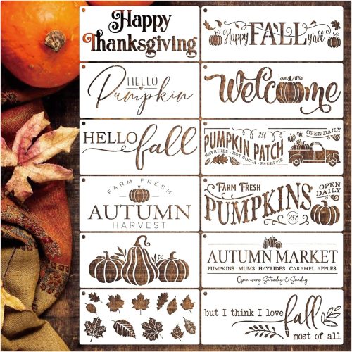 Fall Stencils for Painting on Wood Hello Pumpkin Thanksgiving Stencil Crafts Reusable Welcome Autumn Paint Stencils for Doormat Fabric Furniture Wall Canvas(12 Fall)