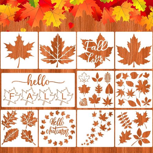 Outus 11 Pcs Large Fall Stencils for Door Mats Reusable Autumn Maple Leaf Stencils Templates for Painting on Wood Plastic Thanksgiving Templates for Home Craft and Art Decor (8 x 8 Inch, 6 x 12 Inch)