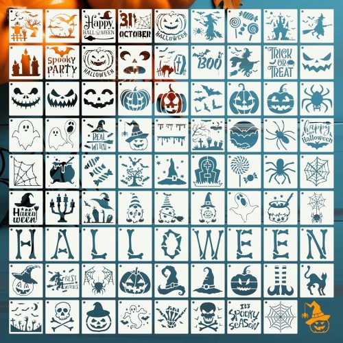 80 Pcs 4 x 4 Inch Halloween Stencils for Painting on Wood, Reusable Happy Pumpkin Spider Web Stencil DIY Ornaments Ghost Paint Template Set for Wall Door Home Decor
