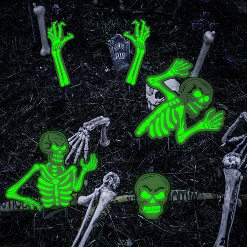 5 Pack Glow in The Dark Halloween Skeleton Yard Signs,Luminous Halloween Graveyard Decorations Reflective Black Skeleton Hands Scary Yard Signs for Outdoor Garden Yard Patio Lawn Party,Haunted Houses