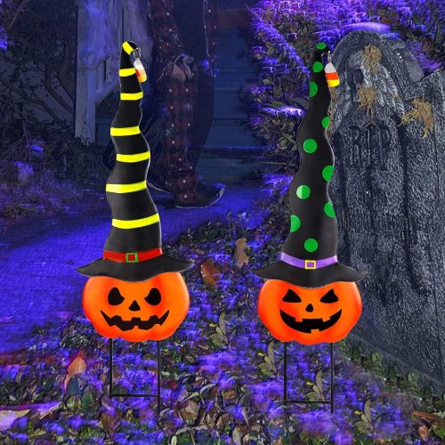2 Pack Halloween Garden Decorations, Metal Jack-O-Lantern Halloween Yard Stakes with Witch Hats, Scary Yard Sign Outdoor Lawn Decor, Metal Pumpkin Art Garden Stake, Garden Sculpture Ornament