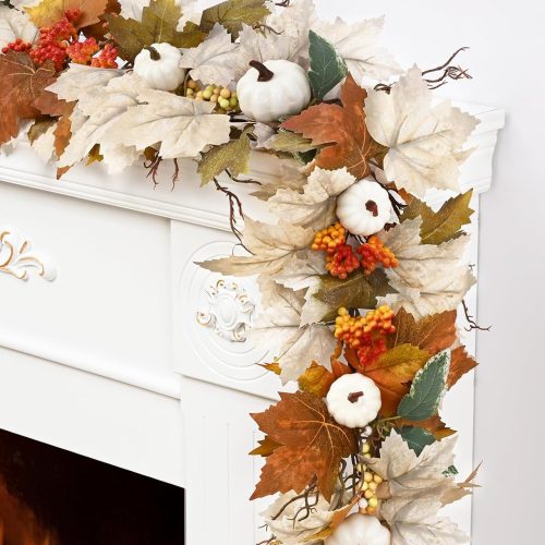 Fall Decorations for Home, 6 Ft Fall Garland for Mantle, Fall Leaves Garland with Lights, White Pumpkins, Lifelike Berries & Maple Leaves for Mantle Front Door Centerpieces Thanksgiving Home Decor