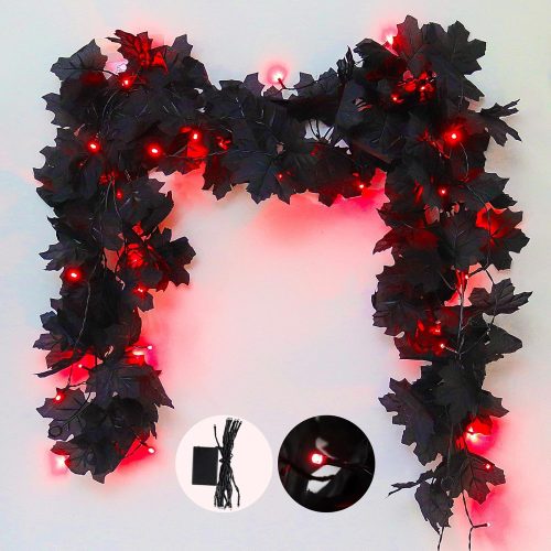 RECUTMS 2 Pack Halloween Fall Garland with Lights, Maple Leaf for Stairs,Black Artificial Autumn Leaves Fireplaces Tree Decor(Deep Red)
