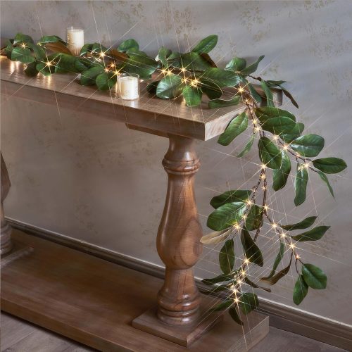 Hairui Lighted Magnolia Garland Timer 6FT 80 LED Fairy Lights Battery Operated or USB Plug in, Artificial Greenery Vine with Lights for Spring Christmas Holiday Fireplace Decor