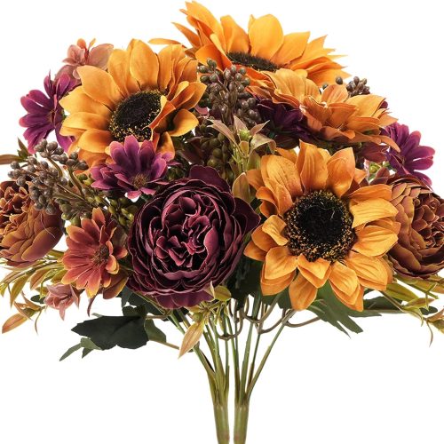 GTIDEA 2 Bundles Fall Flowers Bouquet Vintage Artificial Flowers Fake Sunflowers with Silk Peonies Orange Autumn Flowers for Home Table Centerpieces Wedding Festival Party Decor