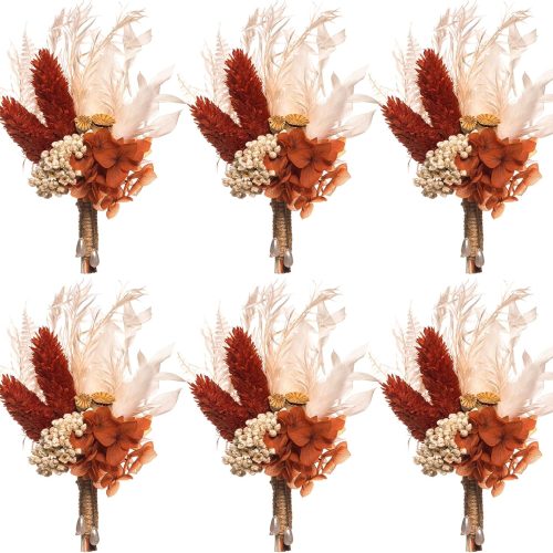 Fall Dried Flower Boutonniere 6-Piece Set for Men's Boho Wedding Boutonniere,Rustic Groom Best Man Anniversary Decoration (Terracotta)