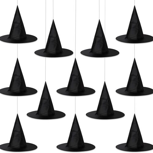 12PCS Halloween Witch Hats, Thickened Black Hanging Witch Hat for Halloween Party Decoration, Wizard Costume Accessory for Women Kids