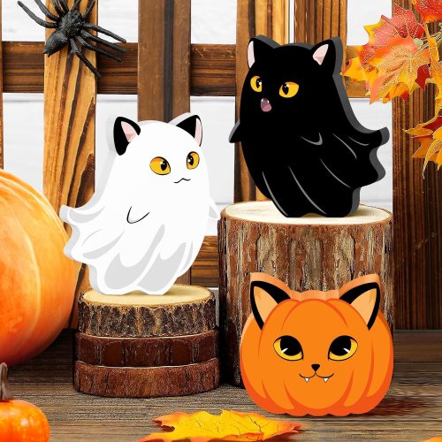 Halloween Cat Ghost Wooden Signs Pumpkin Decor, 3PCS Cute Halloween Table Signs Pumpkin Black Cat Freestanding Decorative Signs, Halloween Tiered Tray Centerpiece Indoor Home Decorations