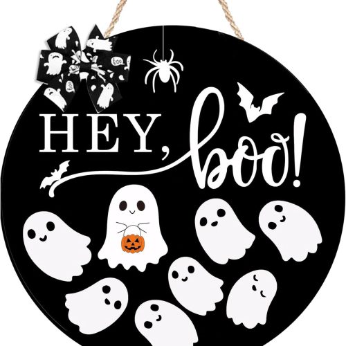 Halloween Door Sign Decorations Ghost Wreath with Bow for Front Door Hey Boo Spooky Hanging Sign Wooden Wall Decor for Room Party Indoor Home