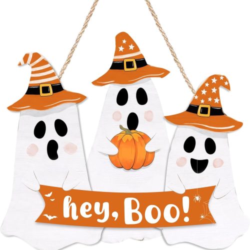 Halloween Decorations Ghost Door Sign, Cute Ghost Hey Boo Hanging Sign Wooden Welcome Wreath Front Door Hanger for Wall Indoor Home Decor