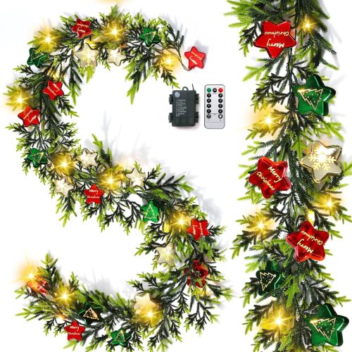 Meooeck 2 Pcs Prelit Christmas Garland with Lights 12 ft 20 Christmas Stars Battery Operated LED Lighted Garland with 8 Modes Timer Remote for Mantle Fireplace Christmas Stairs Decorations