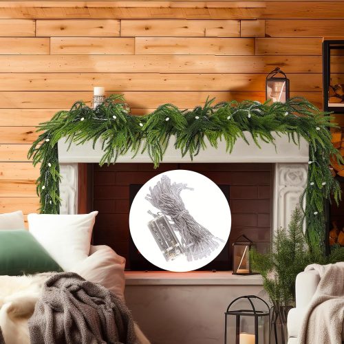 Norfolk 9.8FT Pine Cypress Vines Lighted Cedar Garland for Mantle, Faux Greenery Real Touch Holiday Indoor Decoration
