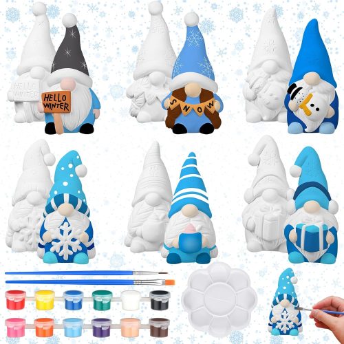 CroBlissful 6 Sets Winter Gnome Paint Your Own Ceramic Statues Ready to Paint Winter Gnome Figurines Unpainted Plaster Arts and Crafts with Brush Palette for Adults Christmas Decor