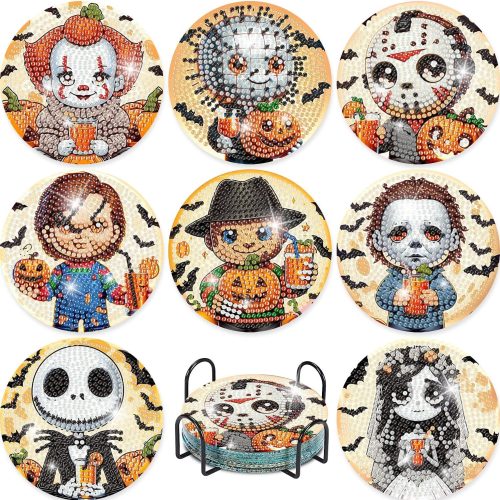8 Pcs Halloween Diamond Painting Coasters Kits with Holder,DIY Horror Cute Diamond Art Coasters for Adults Beginnners,5D Full Round Drill Gem Painting Craft Art Kits for Supplies Gift 4X4 Inch.