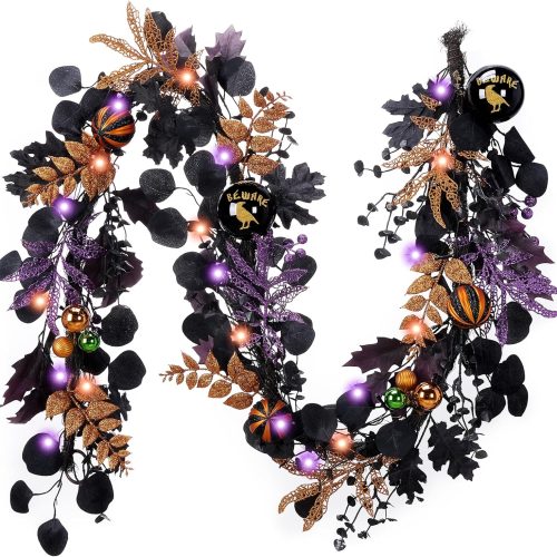 Valery Madelyn Halloween Garland for Mantel with Lights, 6 Feet Pre-Lit Jack-o'-Lantern Pumpkins and Ball Garland Decorations for Table Centerpiece Mantle Indoor Stair Home Decor