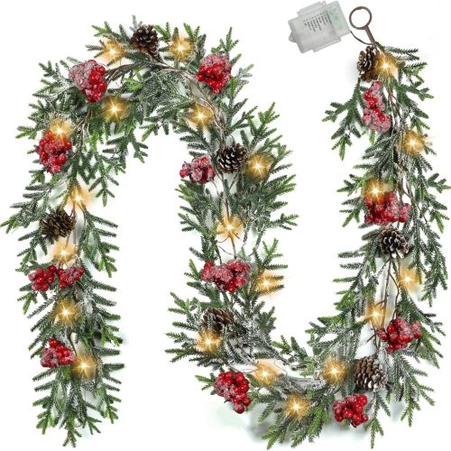 CT0814ZRA960GT_1 6FT Christmas Garland with Lights, Christmas Decor Pre-lit Artificial Pine Garland with Battery Operated Timer, Decorations Indoor Outdoor Home Holiday Flocked Garland for Mantel Window Stairs Wall