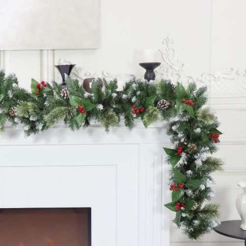 9ft Christmas Garland with Lights,Lighted Artificial Flowering Pine Garland for Mantle,Prelit Faux Green Christmas Winter Garland with Pine Cones and Red Berry for Indoor Outdoor Decor