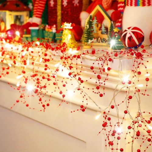 Riakrum 16.5 Feet Christmas Berry Beaded Garland String Light Christmas Mantle Decor Acrylic Pearl Warm LED Lights Festive Lighted Battery Operated Indoor Garland for Xmas Party Decor Home(Red)