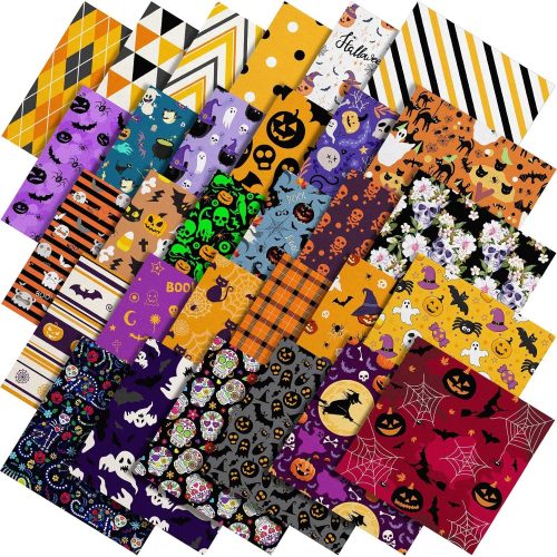 60 Pcs 10 x 10 Inch Halloween Fabric Polyester Fabric Bundle Fat Quarters Bat Pumpkin Ghost Skull Print Squares Holiday Quilting for DIY Decorations Sewing Craft, 30 Styles (Ghost)