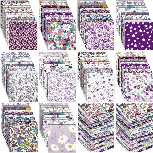 Kinlop 600 Pcs 4 x 4 Inch Cotton Fabric Square Precut Quilting Squares Printed Floral Patchwork Fabric Bundles for DIY Craft Sewing Clothing Accessory(Purple)
