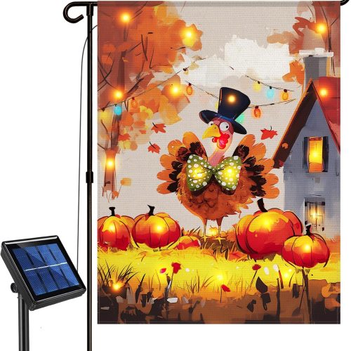 Thanksgiving Lighted Fall Garden Flag, Solar Outdoor Decorative Led Flags Yard Decor, 8 Lighting Modes Led Flag,12x18 Double Sided Turkey Pumpkin Halloween Decorations for Home Porch Outside