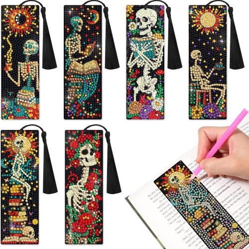 6 PCS Diamond Art Kits Bookmarks Diamond Painting Kit Book Mark, Handmade DIY Skeleton Diamond Art Skull Gem Art Acrylic Tassel Bookmarks for Women Adults, Craft Kits Gift Set for Book Lovers