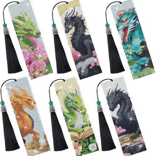 Dragon Art Kits - 6 Pc Diamond Bookmarks with Tassels, Fantasy Creature Dragon Painting Kits for Adults