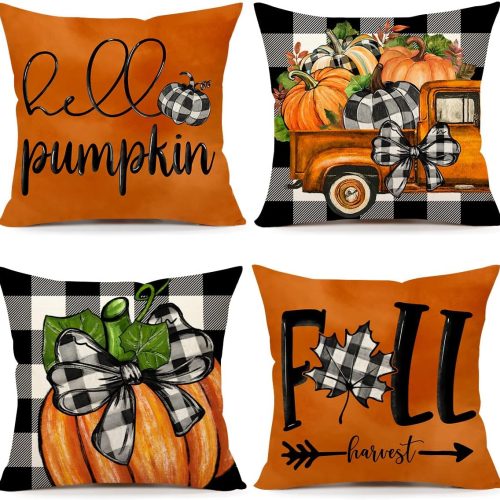 4TH Emotion Fall Pillow Covers 18x18 Set of 4 Thanksgiving Buffalo Check Farmhouse Decorations Orange Pumpkin Outdoor Autumn Farm Truck Pillows Decorative Throw Cushion Case for Home Decor S23F22