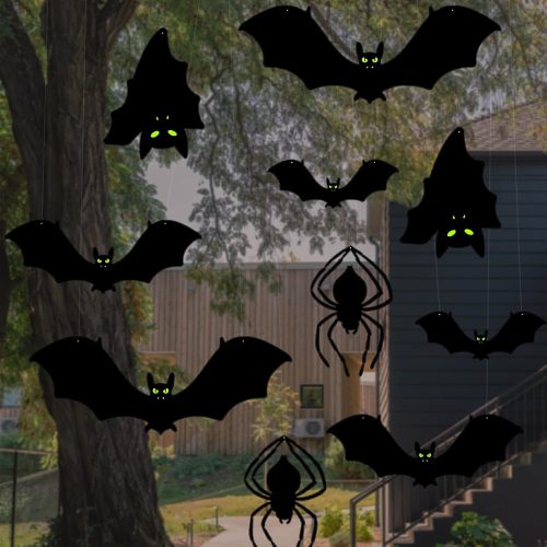 10 Pack Bats Halloween Decoration, Scary Black Bat with Glowing Eyes, Sets Include 8 Bats (4 Sizes), 2 Spider, Extra 100 pcs Glue Dots & 157ft String for Indoor Outdoor Halloween Decorations - Classic