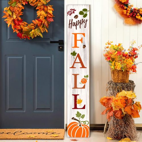 Fall Porch Sign, Pumpkin Sign for Front Porch, Happy Fall Wooden Sign Yard, Vertical Wood Sign Standing for Patio Front Door Porch, Flat Design Fall Pumpkins Holiday Home Party Wall Yard Home Decor Indoor Outdoor, 47x8 inch