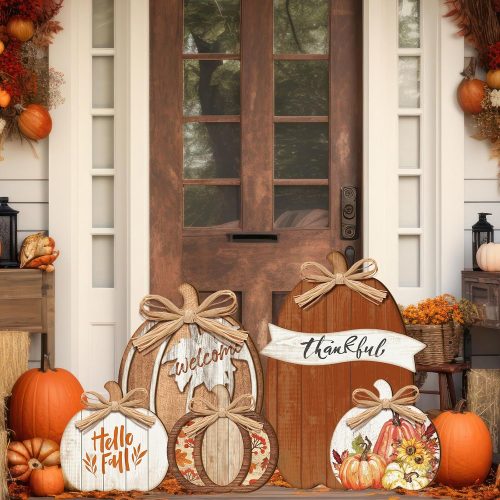 5 Pcs Fall Decorations for Home Large Thanksgiving Outdoor Wood Pumpkin Porch Sign Fall Thanksgiving Yard Decor Welcome Pumpkin Standing Sign for Home Front Door Kitchen Yard Garden