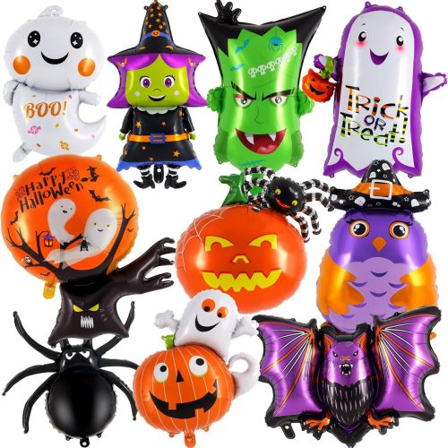 10 Pcs Halloween Balloons Set, Halloween Foil Balloons Hallow Party Decorations Ghost Pumpkin Witch Bat Spider Monster Mylar Balloon for Hallow Birthday Party Decorations Supplies