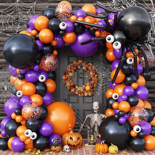 Halloween Balloon Garland Arch Kit - 150Pcs Black Orange Purple Balloons with Eyeball, Confetti Balloons Scary Halloween Party Balloons for Birthday Party Decorations, Indoor/Outdoor