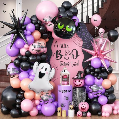 Halloween Balloons Garland Arch Kit, 95pcs Pink Black Purple Balloons Bat Ghost Mylar Balloon, Pink Black Explosion Star Foil Balloon for Horror Birthday Baby Shower Spooky Halloween Party Decorations