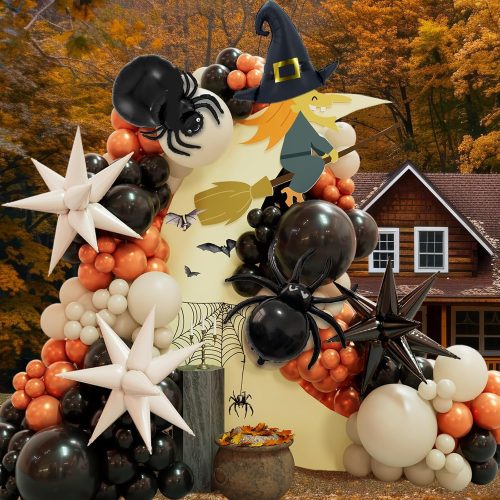 Halloween Balloon Garland Arch Kit with Spider Witch Hat Shaped Black and Milk White Exploding Star Foil Balloon Black Orange Sand White Balloons for Halloween Birthday Party Decorations