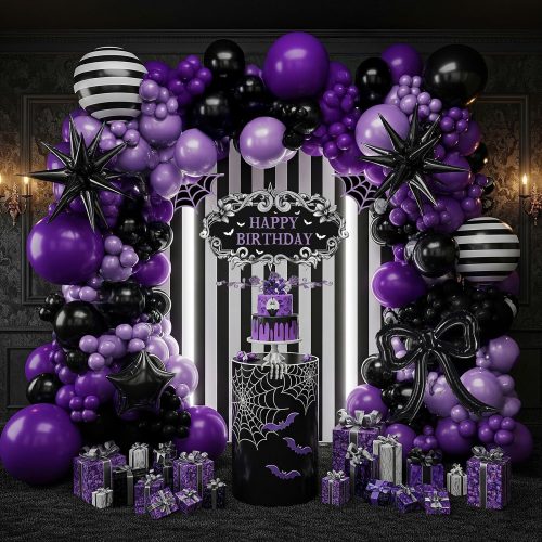 Purple Black Balloon Arch Garland Kit with Bow Star Mylar balloons and Gothic Birthday Backdrop Black white striped balloons for Gothic Girl TV Drama Decorations Spooky Halloween k pop Party Supplies