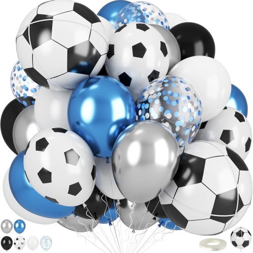 Soccer Balloons, Metallic Blue Silver Balloons with 18 Inch Soccer Ball Foil Print Balloon for Sport Theme Party Decorations, Chrome Silver Blue Confetti Balloon for Boys Men Birthday