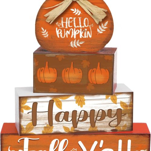 4 Pcs Fall Decor for Home Hello Pumpkin Wooden Signs with Blessed Autumn Tiered Tray Decor Farmhouse Pumpkin Tabletop Centerpiece Maple Leaf Block Signs for Fall Thanksgiving Office Kitchen Shelf