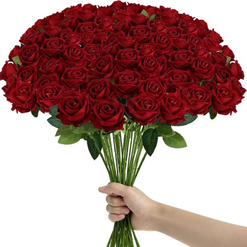 45 Pcs Red Roses Artificial Flowers with Long Stems - Fake Velvet Rose Bulk Realistic for DIY Wedding Bridal Shower Bouquet Floral Arrangement Table Centerpieces Home Party Decor - Red