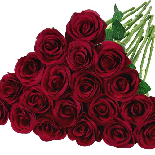 Ouddy Decor 20 Pcs Red Roses Artificial Silk Flowers Fake Roses Bouquet with Long Stems for Valentines Day Decor Wedding Home Party Table Centerpieces Bridal Bouquet DIY Floral Arrangment, Wine Red